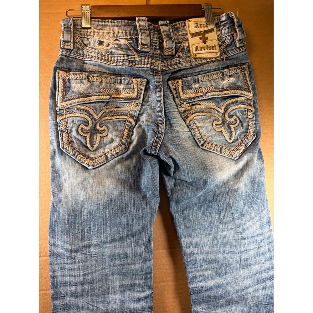 Rock Revival Biscay Bay Jeans Men 28 Blue Slim Straight Distressed Embroidered